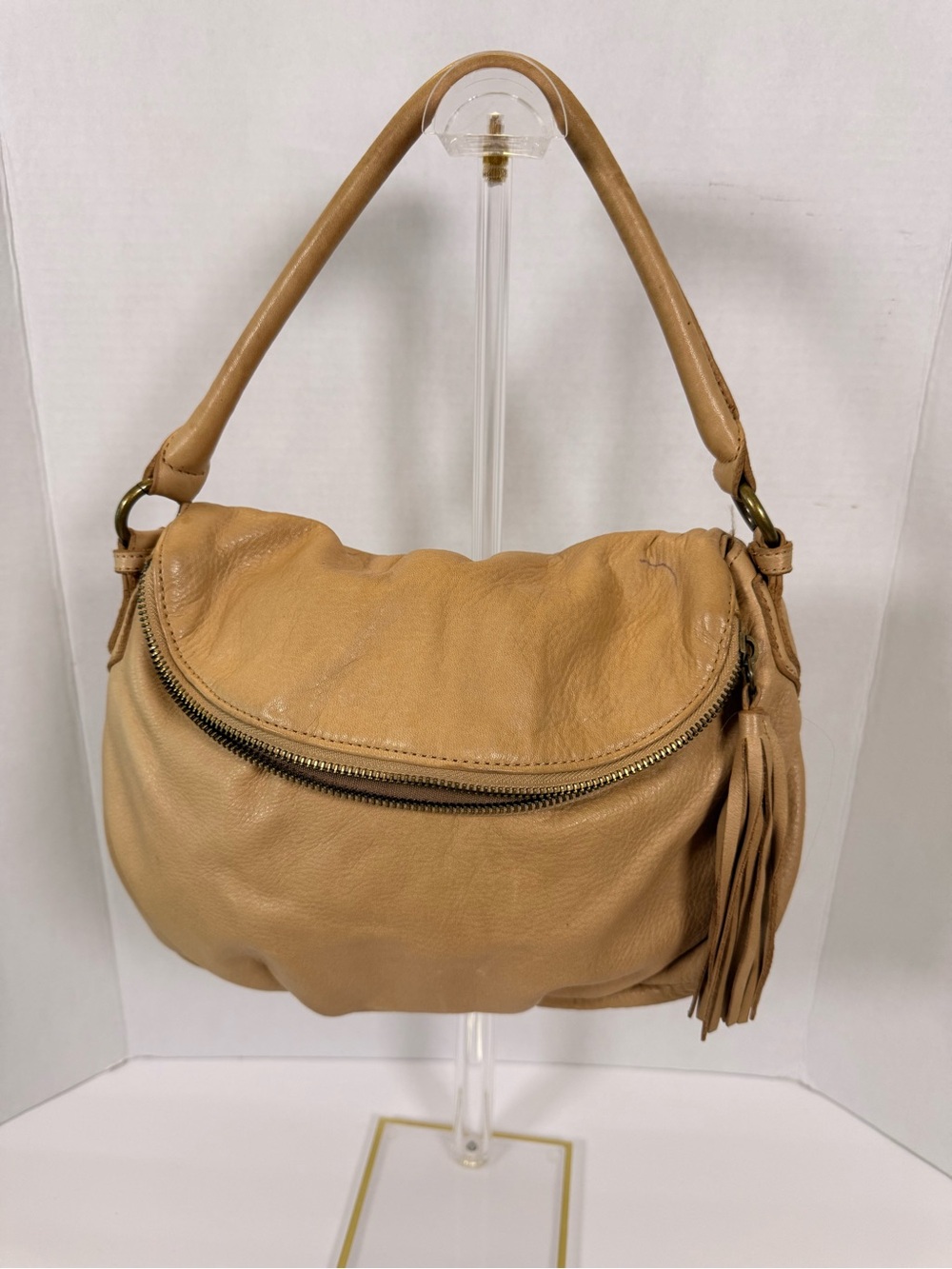 Casual Tan Leather Shoulder Bag with Tassel Accent